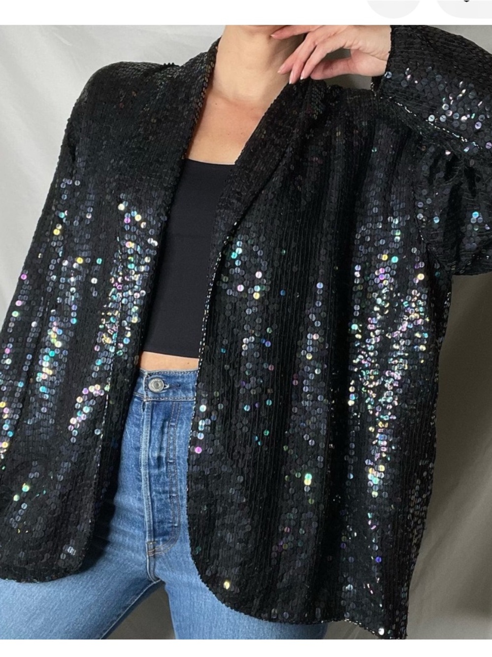 Vintage 80s Sequenced Beaded Jacket Blazer Disco Statement Black Iridescent Med